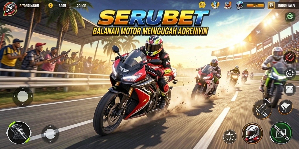 Tampilan gameplay SERUBET dengan balapan motor yang mendebarkan.