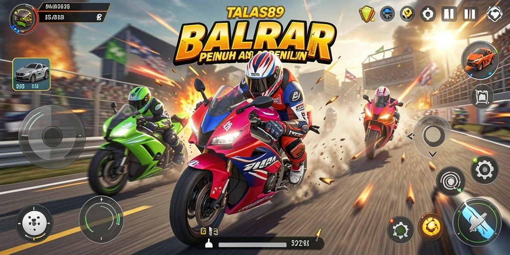 Screenshot gameplay TALAS89 yang menunjukkan kecepatan balapan motor.